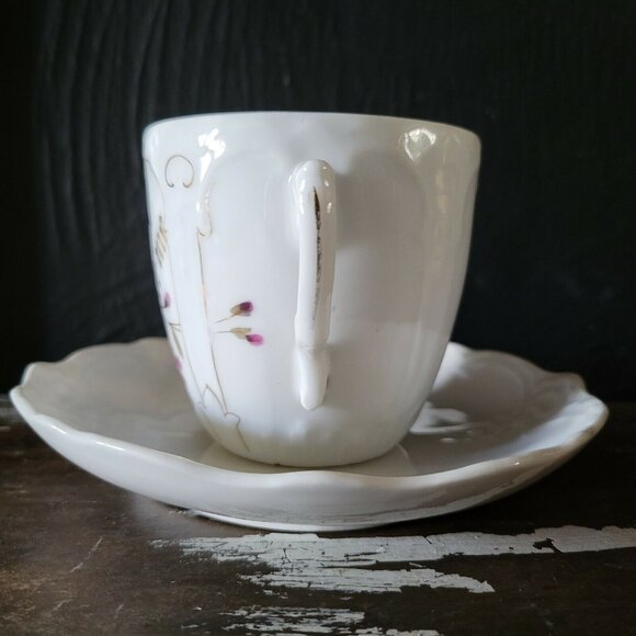 Antique Mustache Cup and Saucer "Remember Me" Flowers, Germany Mustache Mug - Picture 5 of 10